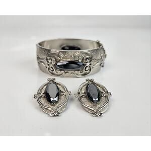 Vintage Whiting Davis‎ Bracelet & Clip Earrings Faceted Hematite Silver Tone